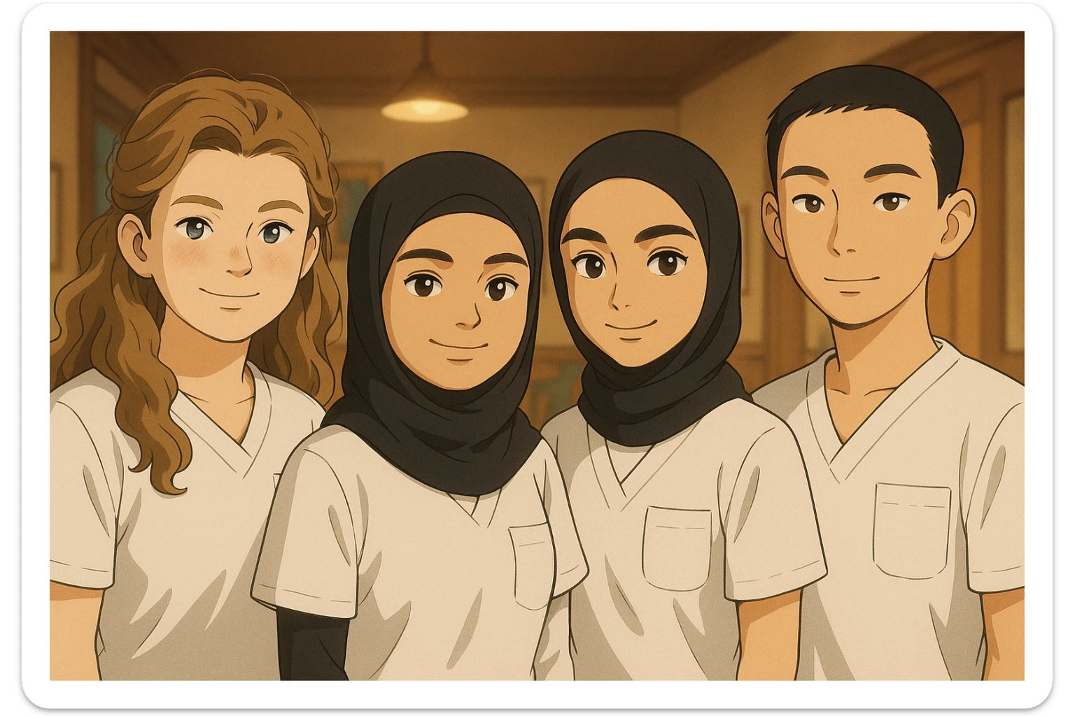 Variante 4 : Quatre étudiants infirmiers côte à côte, ambiance chaleureuse, en intérieur, style Ghibli, tenues uniformes blanches à manches courtes sans col, sans sous-pull ni stéthoscopes. Hauts de type tunique médicale, col en V, poche poitrine côté gauche. Visages et attitudes inspirés des quatre photos jointes, composition différente. sticker