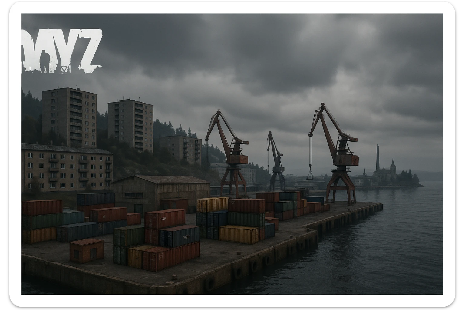 a screenshot of the game DayZ videogame, the harbor in a Scandinavian port town, industrial harbor at apartment blocks sticker