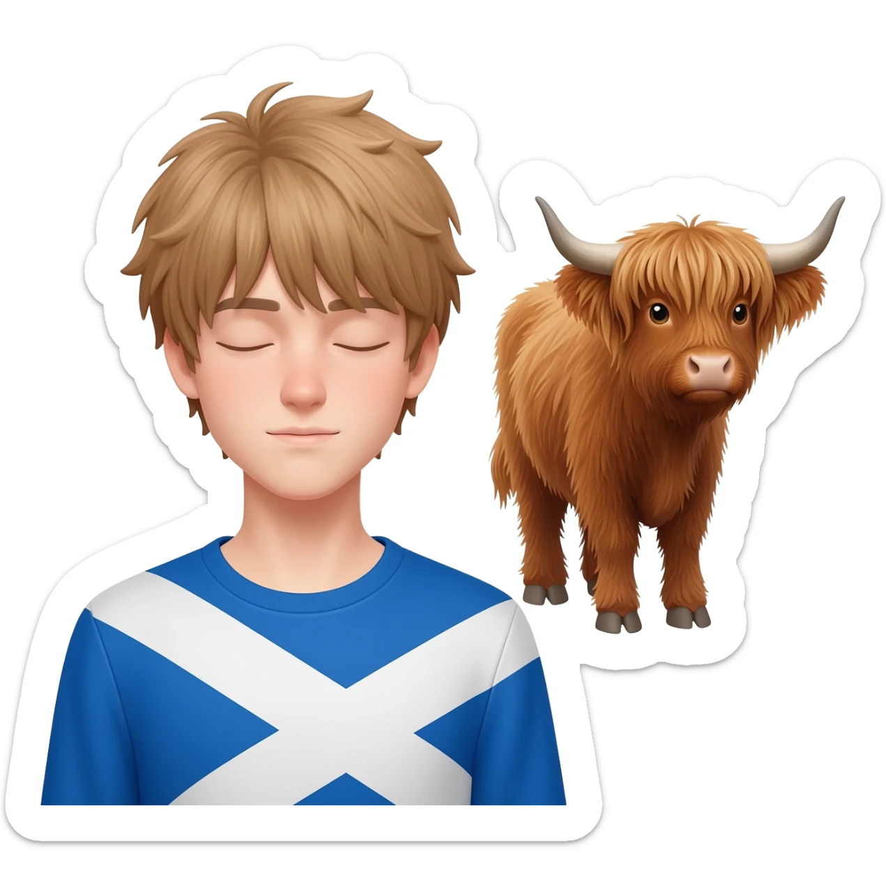 femboy with messy light brown bangs covering the eyes with scottish flag on his shoulders pets a cute highland cow sticker