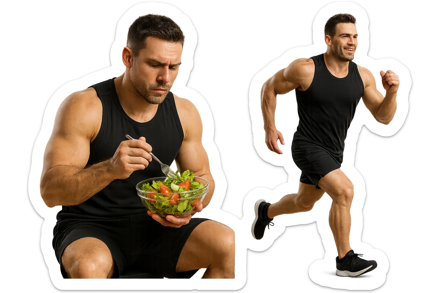 uomo fitness che mangia insalata accanto a uomo identico esteticamente che corre, iperrealistici 4k sticker