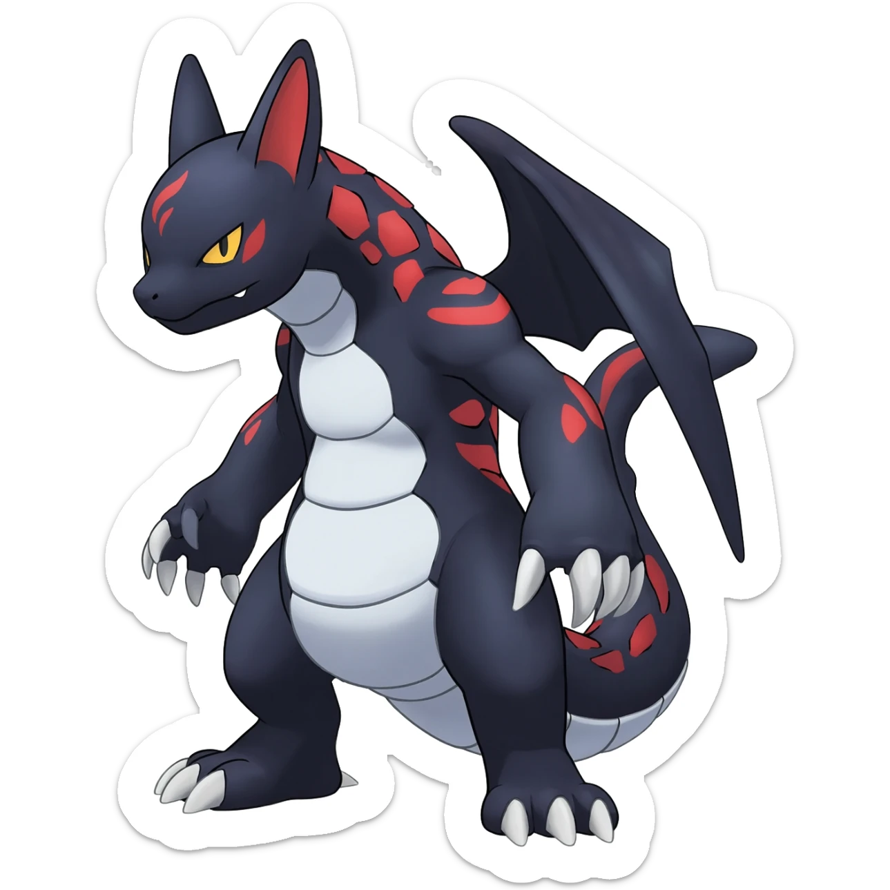 midnight blue-gray-black, with red markings, white belly, scaley Bastet-Noibat-Gatomon-Garchomp-Digimon-Fakémon-Pokémon-creature (full body) sticker