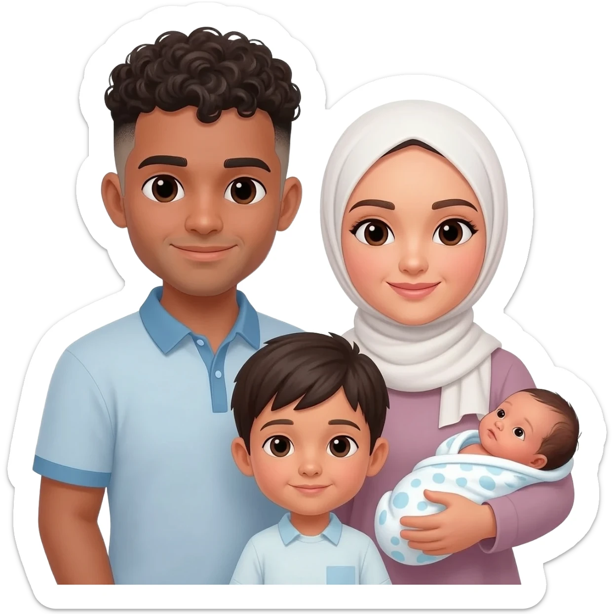 Family of four man woman 1 year old boy and baby girl but make the woman a hijabi and the boy younger man with a low fade pern get rid of the torso infront of woman give tha man curly hair with low fade  add a newborn baby girl sticker