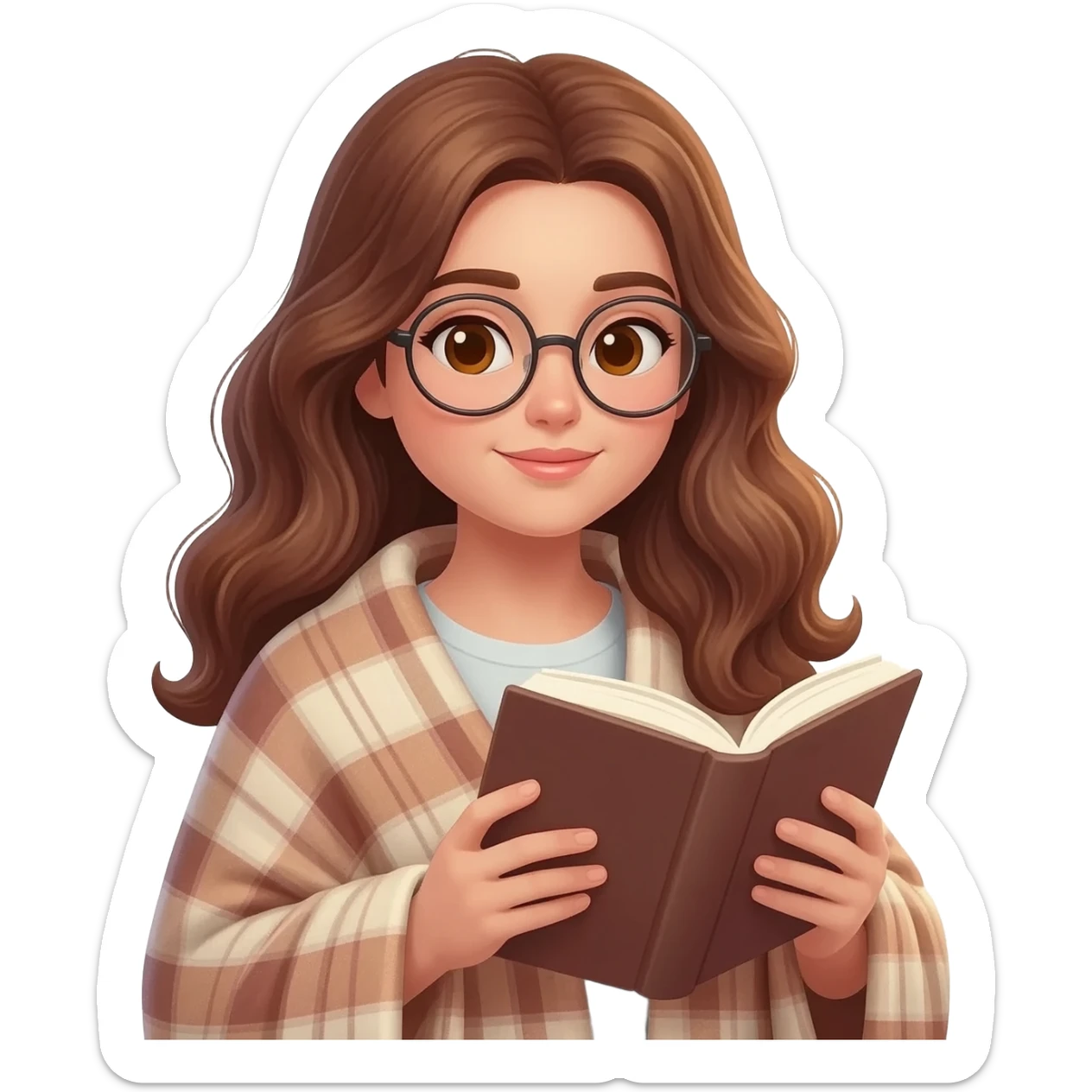 detailed emoji illustration of a curvy woman with long chestnut brown wavy hair, light brown eyes and round glasses, wrapped in a cozy plaid blanket and reading a book, calm peaceful expression, soft warm lighting, cute emoji style sticker