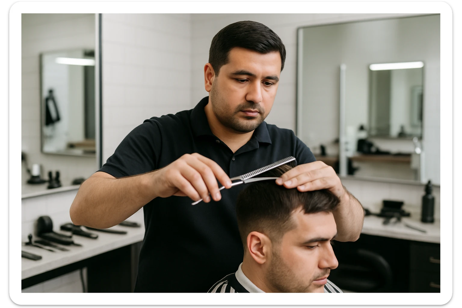 shu odamni sartaroshxonada mijozlarni sochini olayotganin  tasvirlab ber juda yosh ham katta ham bo'lmasin semiz ham bo'lib ketmasin o'smirin davrini yuzi ko'rinmasin sticker