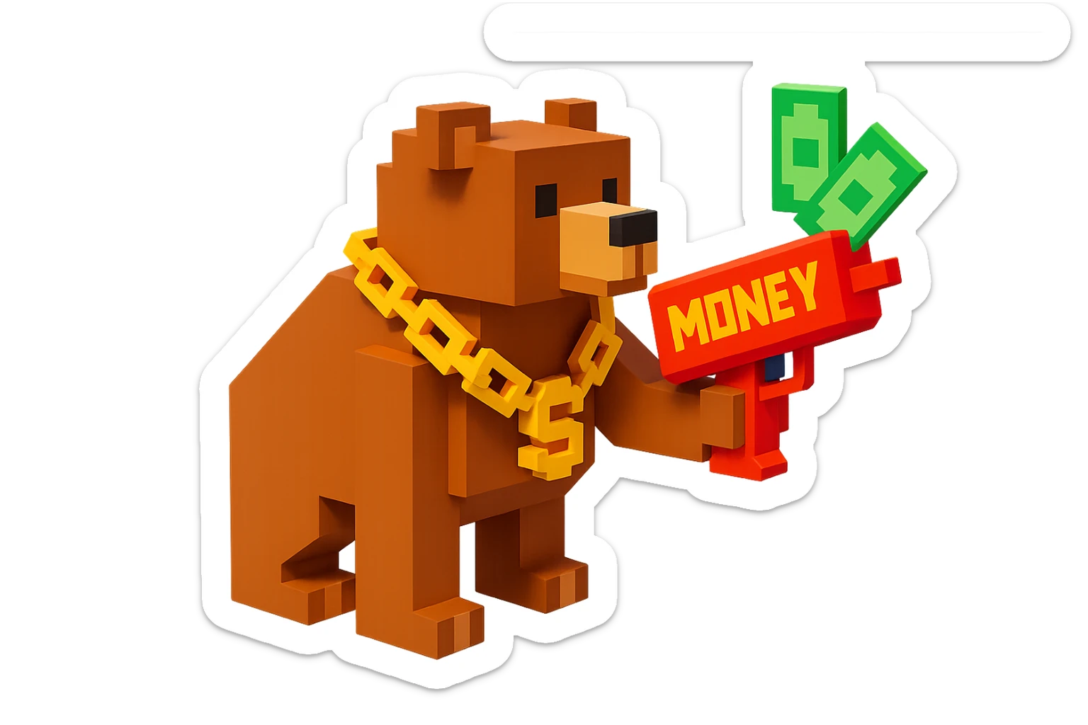 A grizzly bear with a chain and a money gun, voxel style, facing left sticker