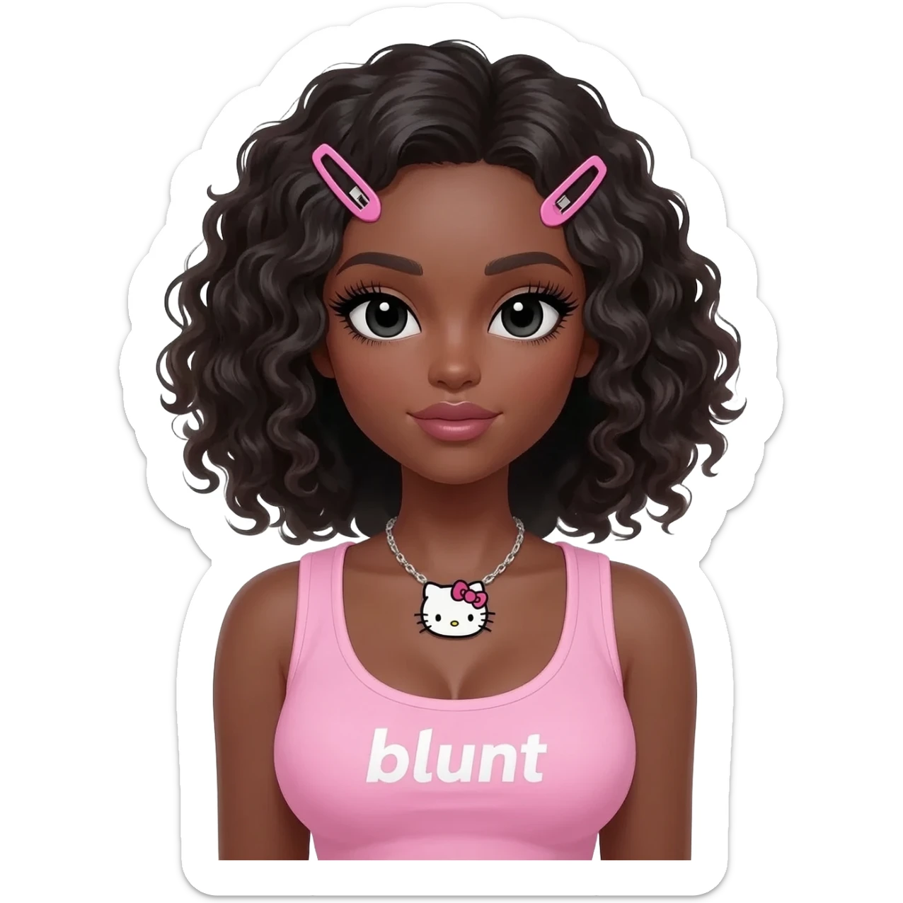 Long giant lashes, my melody hairclip, Doll faced shaped, hello kitty necklace, bimbo, black doll eyes, barbie, dark brown skin with curly black hair, light pink bimbo sleeveless shirt says "blunt" , big breast sticker