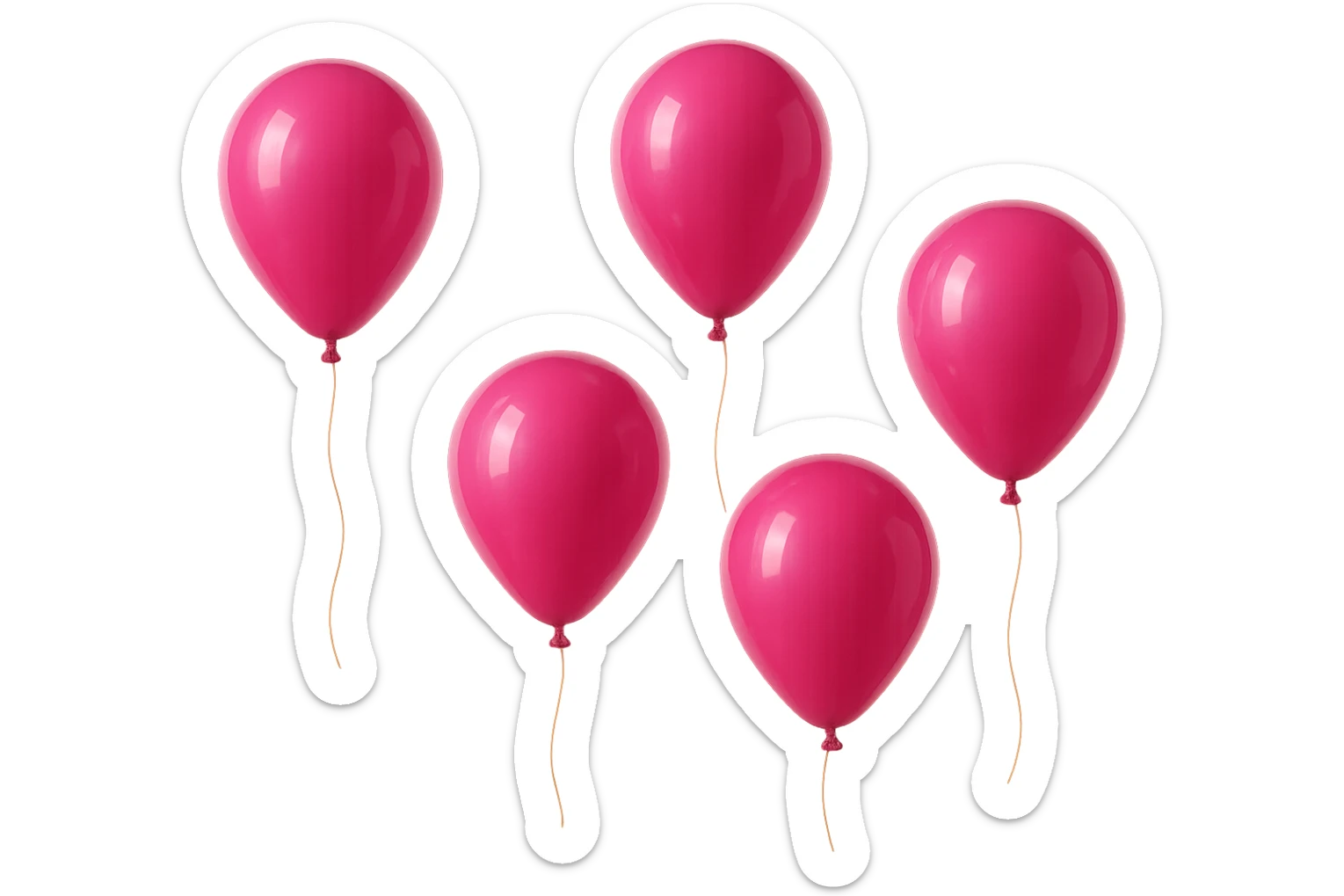 5 palloncini magenta fluttuano in aria isolati su sfondo bianco, iperrealistico 4k sticker