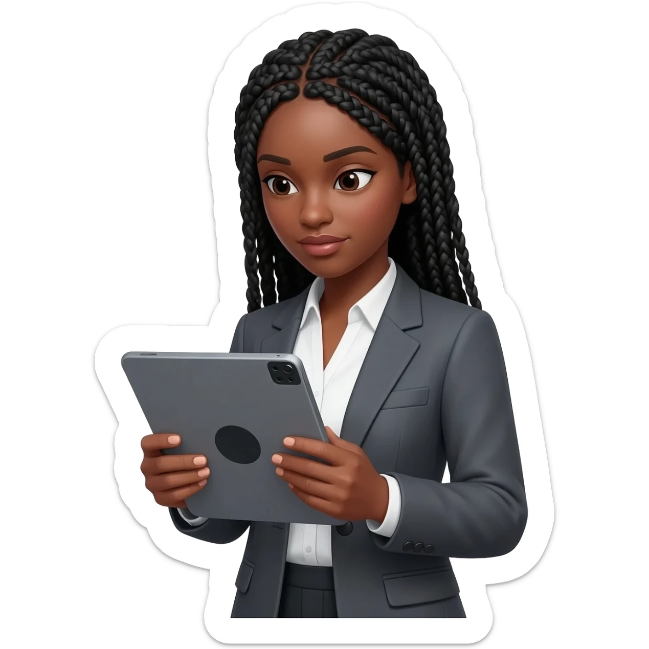 Emoji représentant une femme à la peau marron avec de longues braids noires et portant une belle tenue professionnelle, regardant la tablette graphique dans ses mains sticker