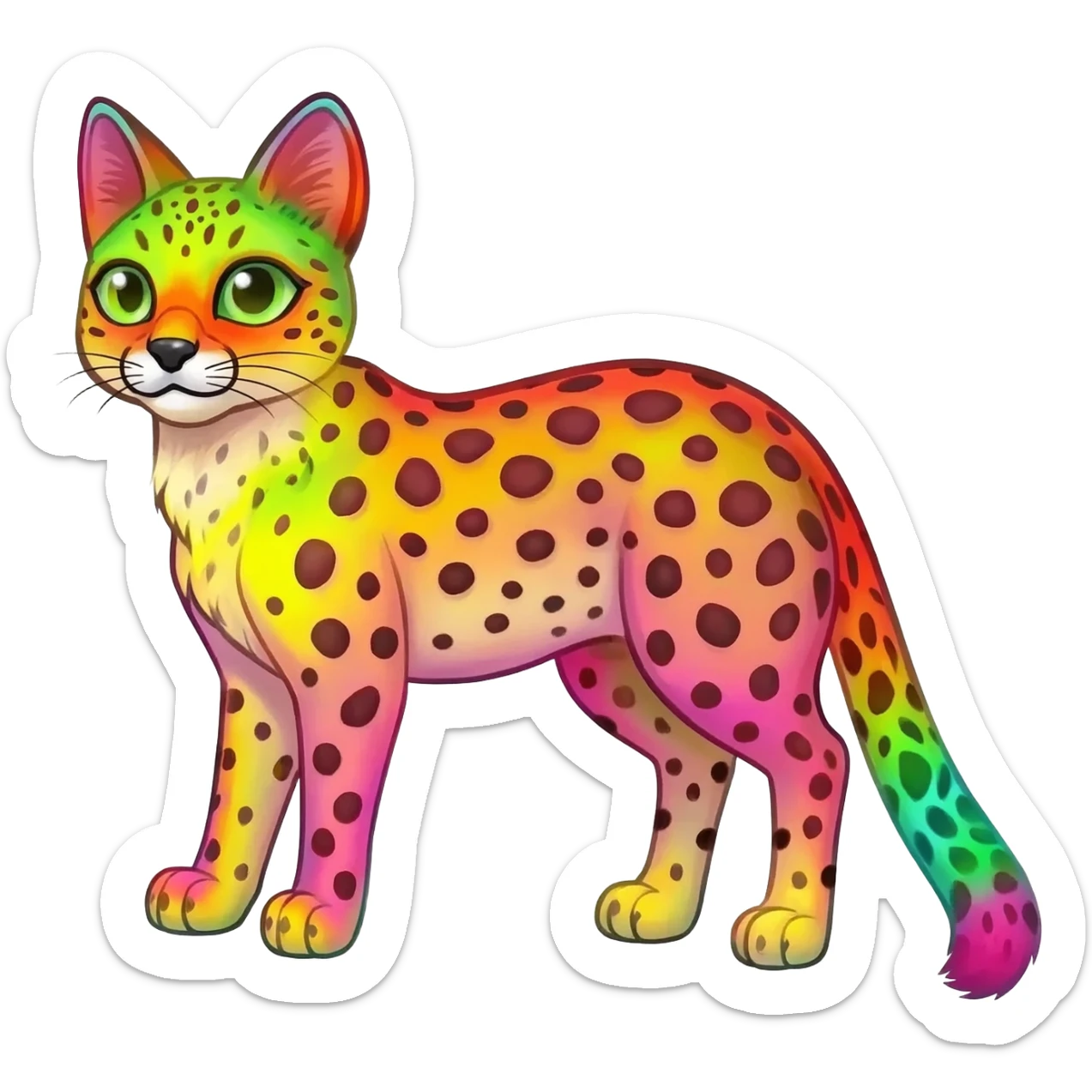 Colorful cute adorable tropical exotic fruity kiwi-green lemony rosy neon-red Caracal-Cheetah-Serval-Snow-Leopard-Trico-Sergal-Vernid-fusion-hybrid-animal-creature, full body, with tribal markings sticker