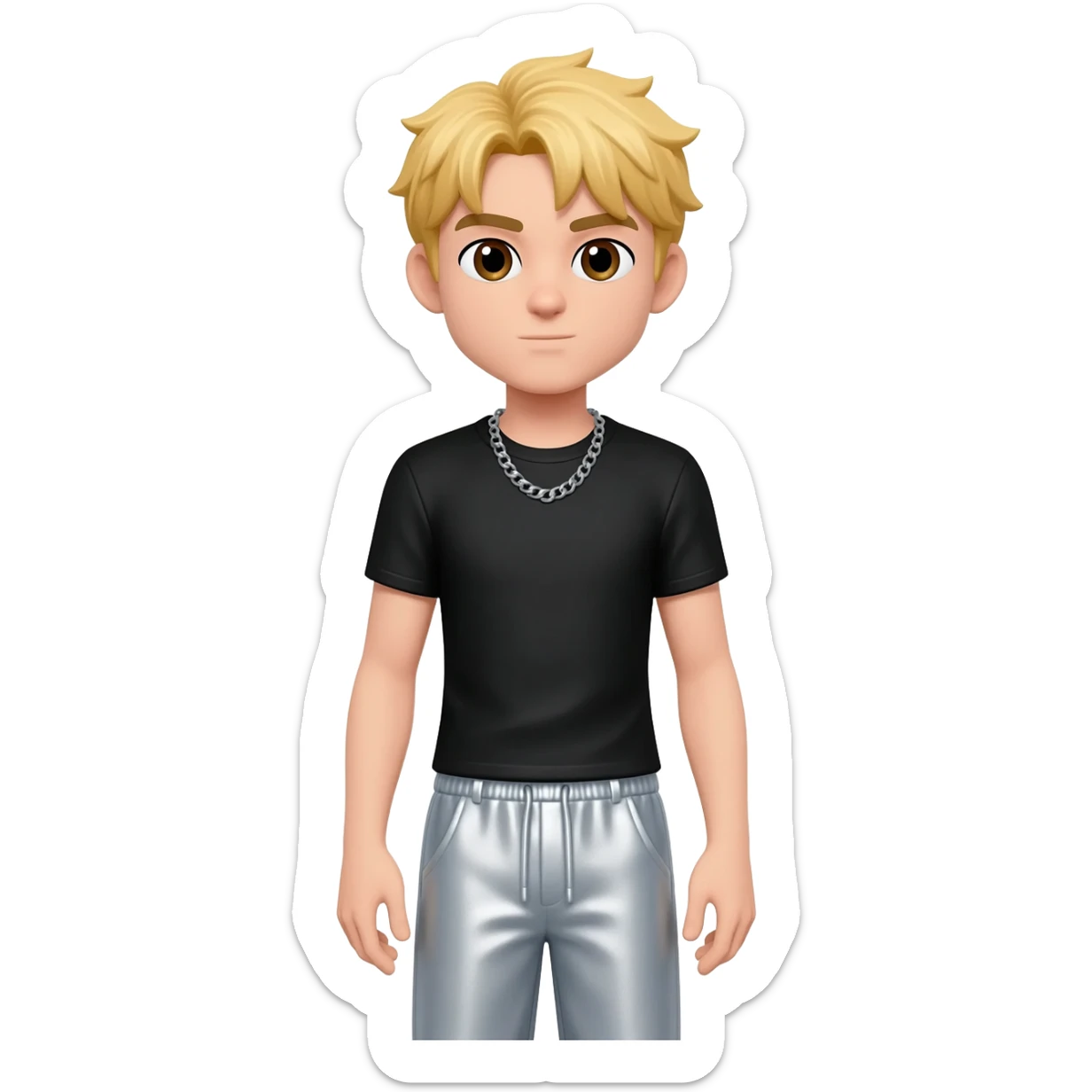 8-BitRyan with brown eyes, blonde hair, black metallic t-shirt, light grey metallic baggy pants, silver necklace sticker