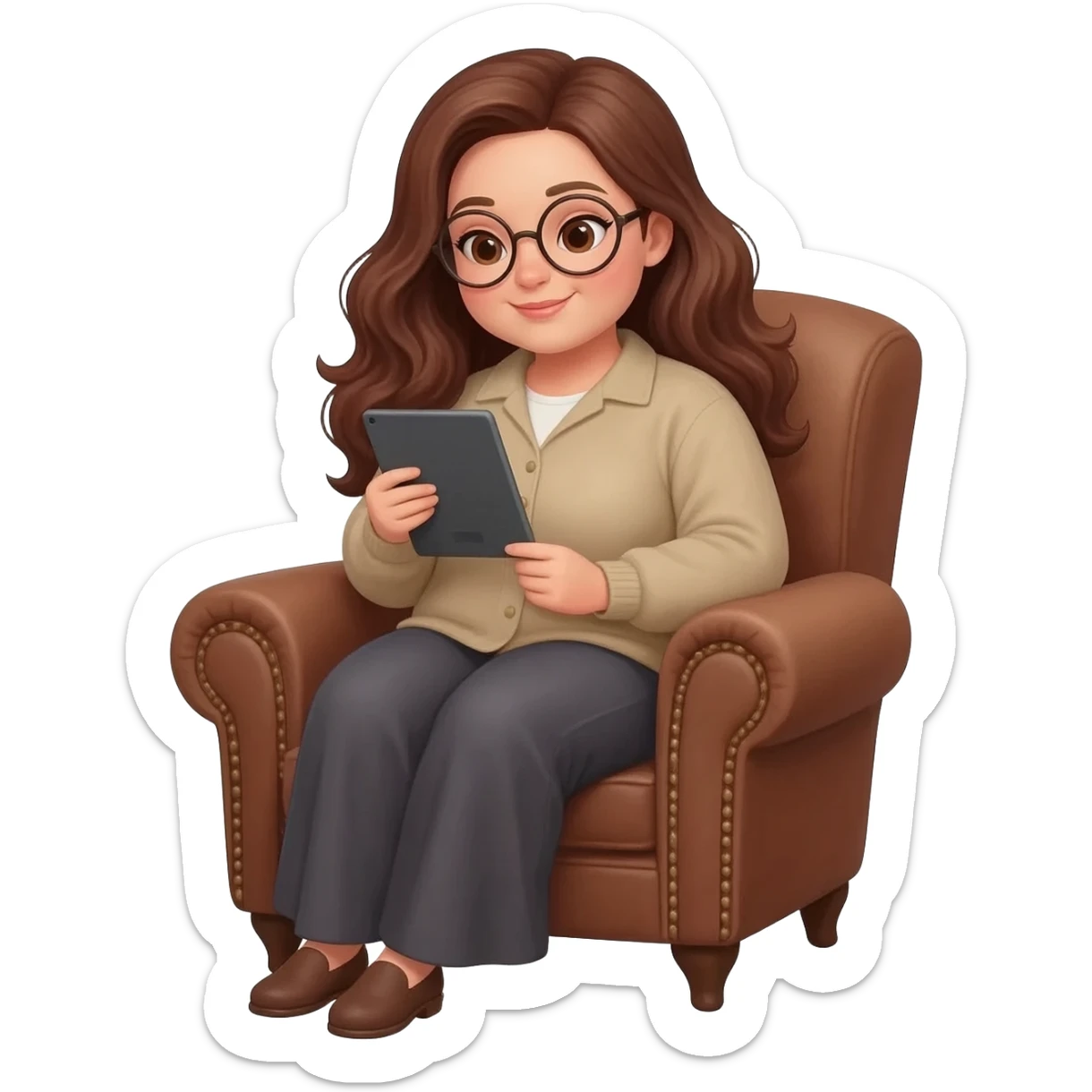 detailed emoji illustration of a curvy woman with long chestnut brown wavy hair, light brown eyes and round glasses sitting in a brown vintage armchair while reading on an e-reader tablet, cozy reading atmosphere, cute emoji style sticker