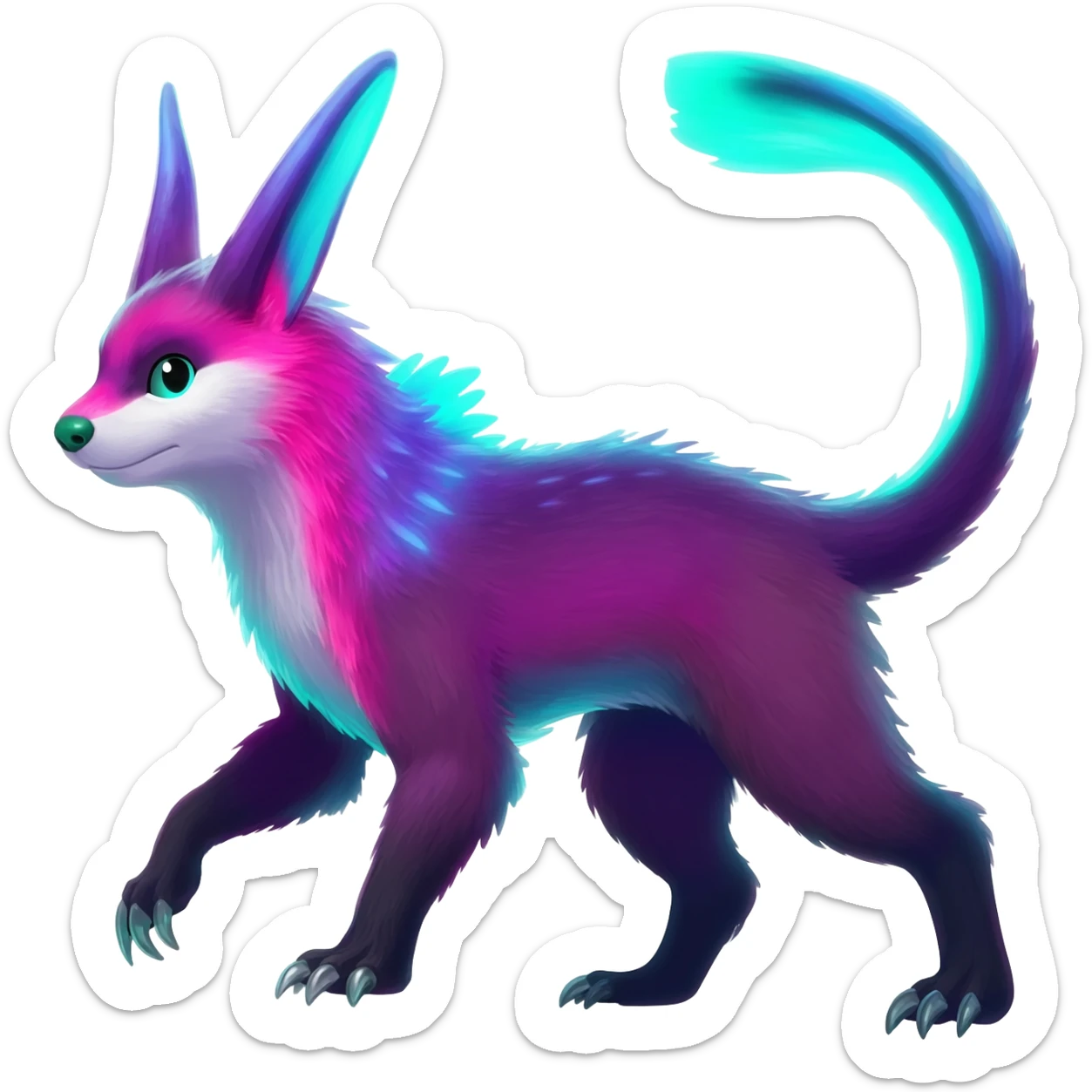 Colorful bioluminescent dark abysmal abyssal neon-glowing Trico-Sergal-Furret-Ferret-Wolverine-Vernid-furry-fursona-fusion-Fakemon-animal-hybrid-creature, full body sticker