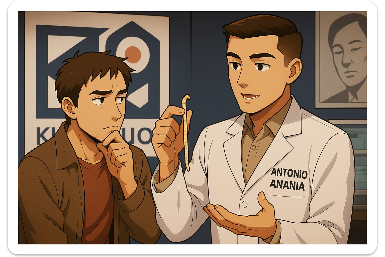 fai un webtoon manga a colori con questo stile, in cui un uomo ascolto il kinesiologo con il camice bianco (fagli anche la scritta "ANTONIO ANANIA" SUL CAMICE, il kinesiologo con il camice mostra un verme lungo e beige chiaro all'uomo, IL KINESIOLOGO SPIEGA ALL'UOMO UNA cosa. L'UOMO ha un ESPRESSIONE pensierosa IN VOLTO mentre si tocca il mento con l'indice. non fare i fumetti però, fai solo in modo che sembri stiano parlando sticker