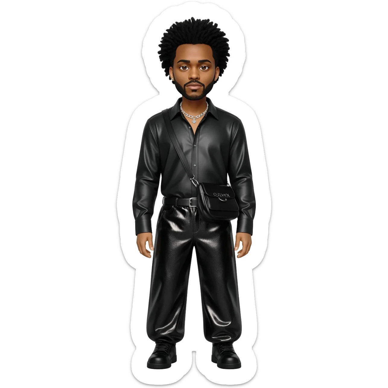 The Weeknd with black hair, black metallic shirt, black metallic baggy pants, silver necklace sticker
