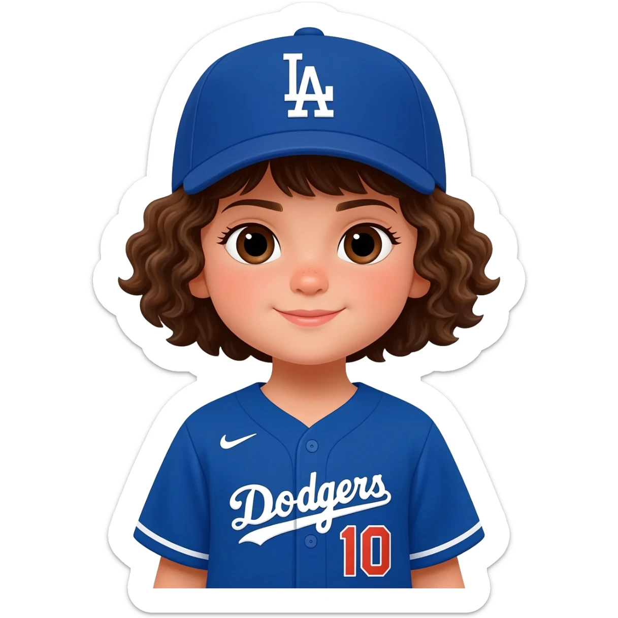 toddler girl in a dodgers uniform with baseball cap curly brown short hair and dark brown eyes sticker