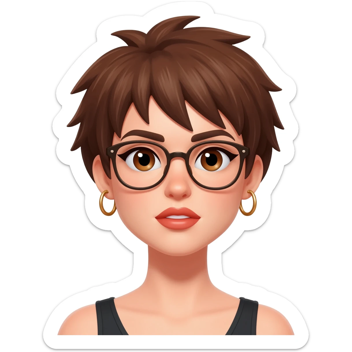Female very very short brown hair few spikes brown eyes hoop earrings hoop earrings glasses full lips sticker