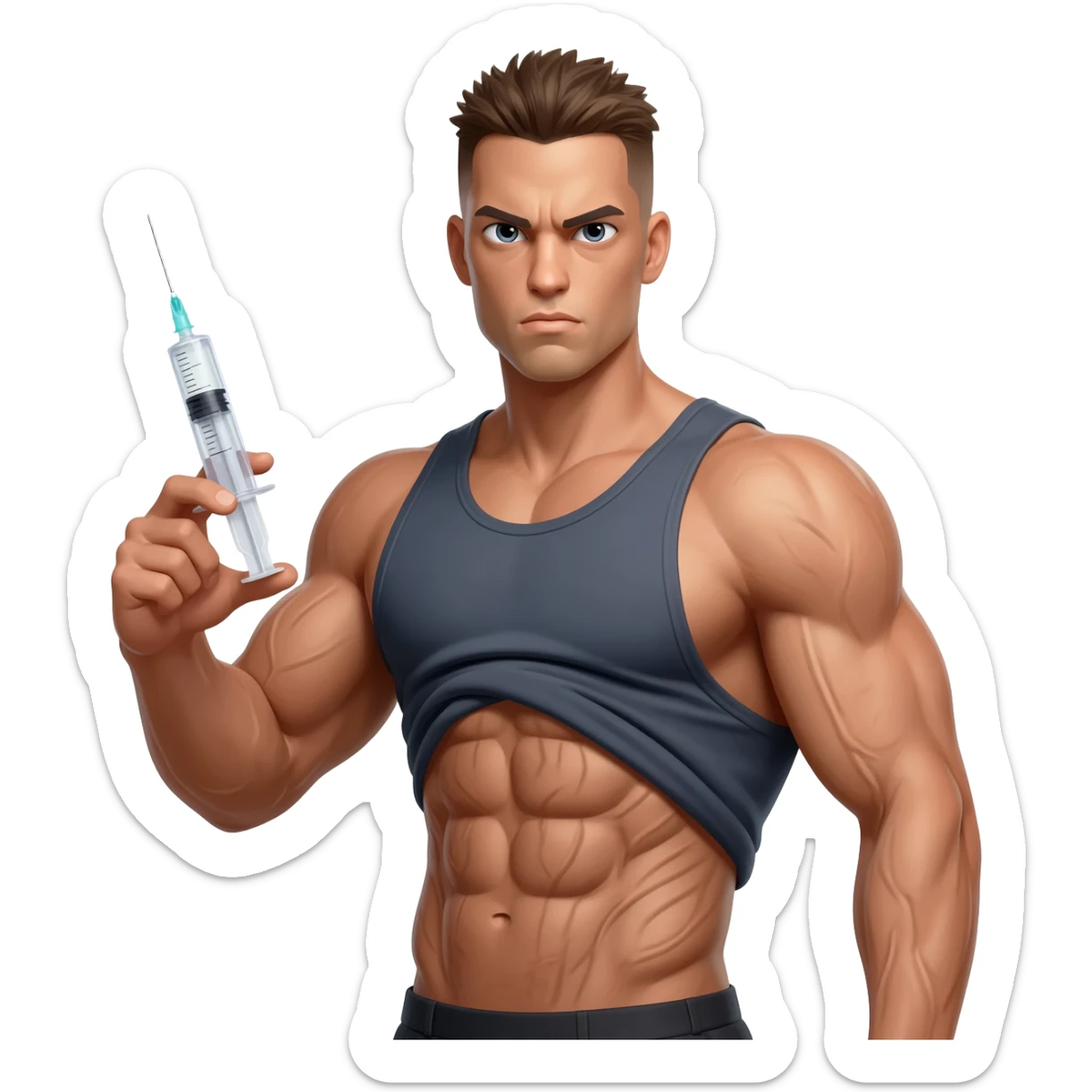 A body builder holding an injection in his hand sticker