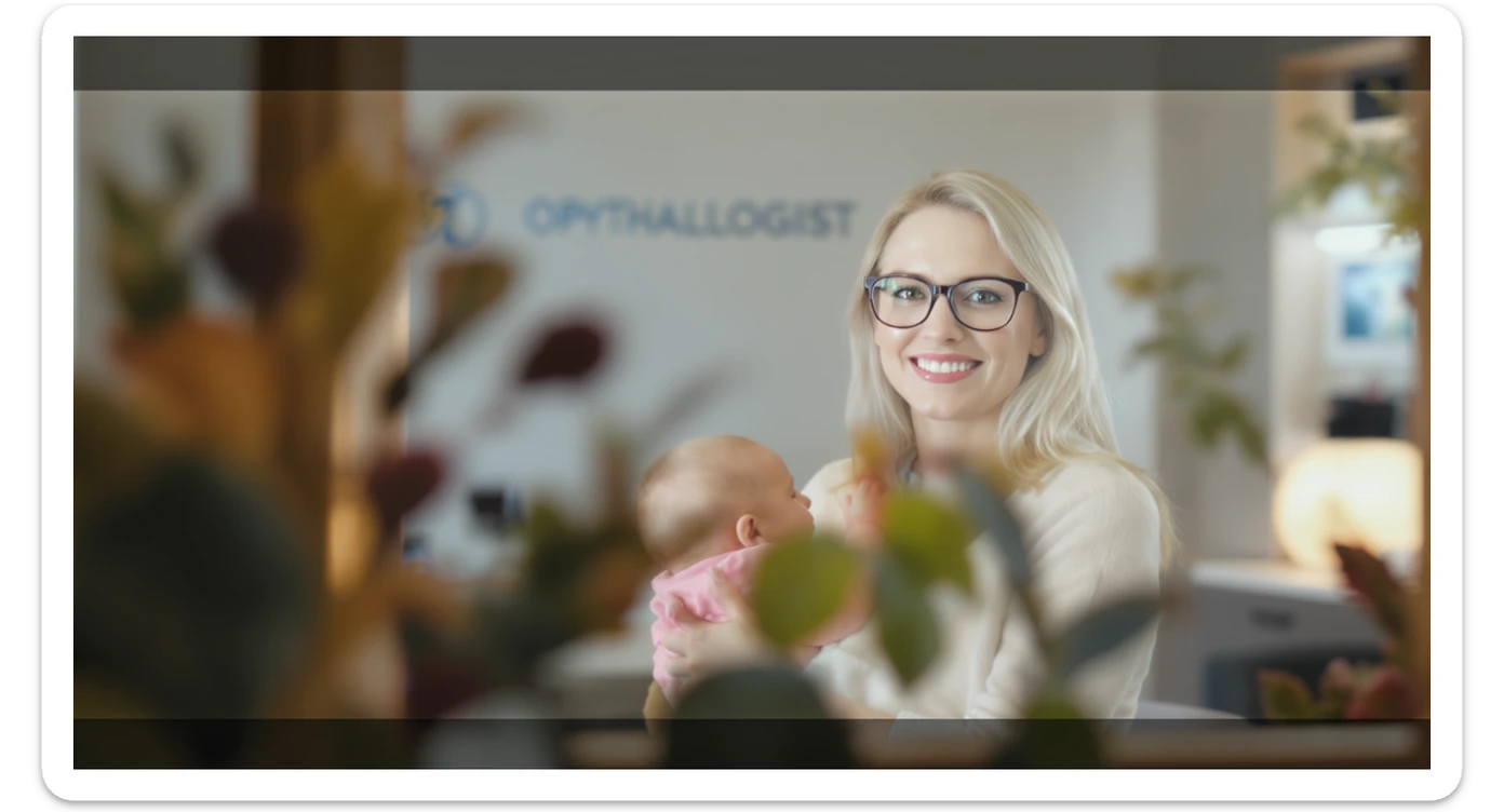 Cinematic still, blurred plants in the foreground (frame within a frame), Proffesional advertising of a smiling european white woman with glasses smiling holding baby, minimalistic ophthalmologist interior in background, leading  lines, "rule of thirds", 60/30/10 colors, soft light, warm colors sticker
