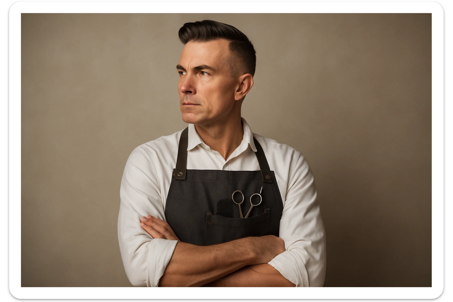 shu pozada turgan faqat o'ng tarafga qarab turgan sartarosh ustani tasvirlab ber realistik uslubda yoshi kattaroq soqol shart emas sticker