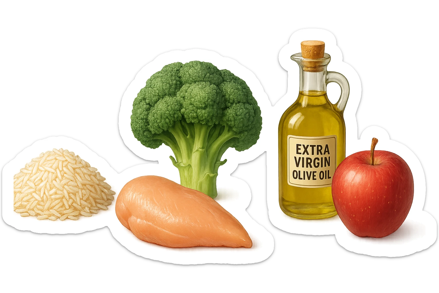 Riso basmati
Petto di pollo
Verdura fibrosa verde
Olio EVO
Mela sticker