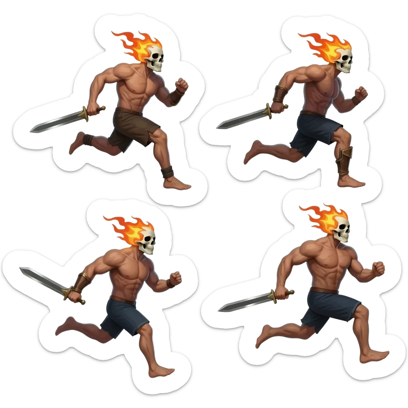 A sprite sheet of a man with a burning skull head and a large sword running, show all 4 stages of him running with no back ground sticker
