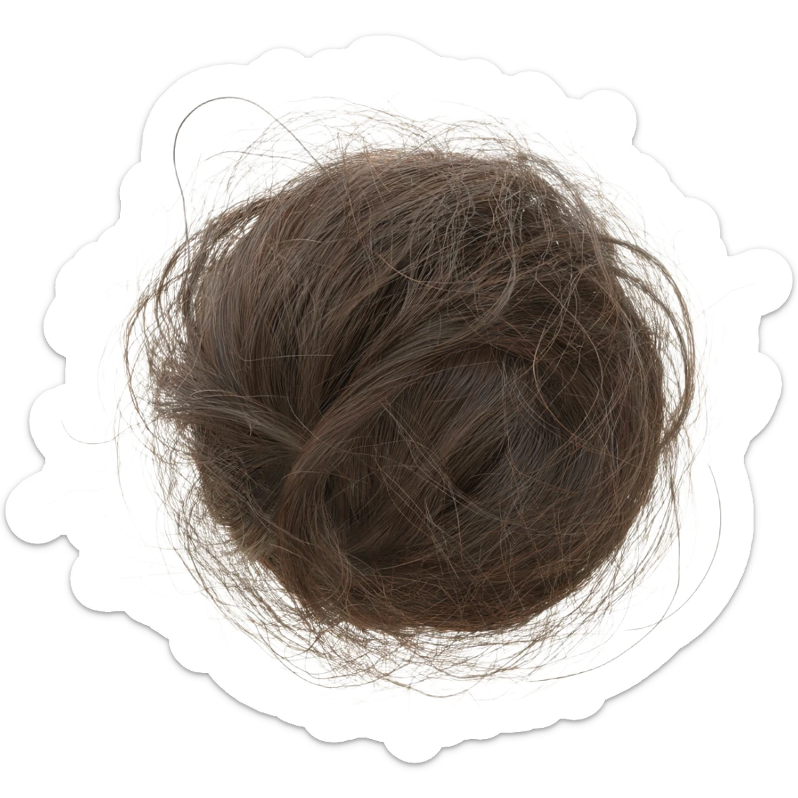 Macro close-up of a tangled clump of shed human hair forming a fuzzy ball, loose strands sticking out in all directions, soft texture with fine fibers visible, natural hair colors mixed together, sticker