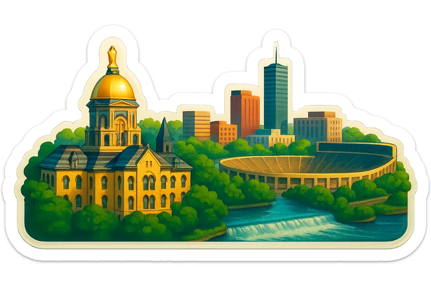 Re-do the South Bend, Indiana emoji with a more straight-on angle, featuring a wide city view with iconic landmarks such as the University of Notre Dame campus including the Golden Dome and Notre Dame Stadium, St. Joseph River, and downtown South Bend. The image should have lifelike detail, accurate colors, bright daytime lighting, and a fully transparent background with no sky, no clouds, and no city name label. Keep the style consistent with previous city emojis in the retro stickers style. sticker