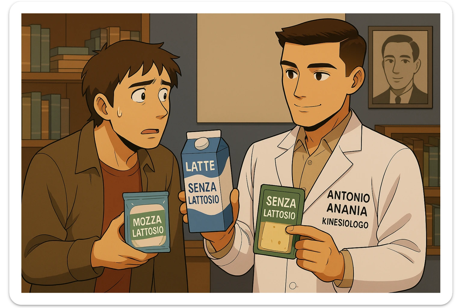 fai un webtoon manga a colori con questo stile, in cui un uomo ASCOLTA Il kinesiologo con il camice bianco (fagli anche la scritta "ANTONIO ANANIA" SUL CAMICE, IL KINESIOLOGO SPIEGA ALL'UOMO UNA MOSTRANDO VARI PRODOTTI DA SUPERMERCATO CONFEZIONATI (TIPO SCATOLA DI LATTE, MOZZARELLE CONFEZIONATE, FORMAGGIO CONFEZIONATO), OGNI CONFEZIONE HA LA SCRITTA "SENZA LATTOSIO SULL'ETICHETTA. L'UOMO OSSERVA IL KINESIOLOGO CON ESPRESSIONE CONFUSA IN VOLTO. non fare i fumetti però, fai solo in modo che sembri stiano parlando sticker