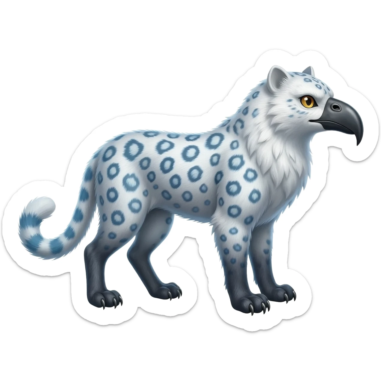 Beaked beaky Realistic wild natural elegant pretty beautiful handsome shiny colorful furry 4-legged digitigrade snow-leopard-snowy-owl-gryphon-griffin-arctic-fox-fusion-hybrid-fursona-furry-animal-creature, full body, hyper-realism, long tufted tail sticker