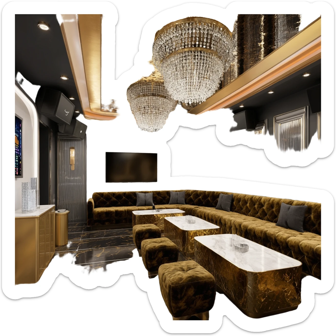 Club decor exudes extravagance, with state-of- the- art lighting and sound systems and meticulous attention to furnishings and fixtures sticker