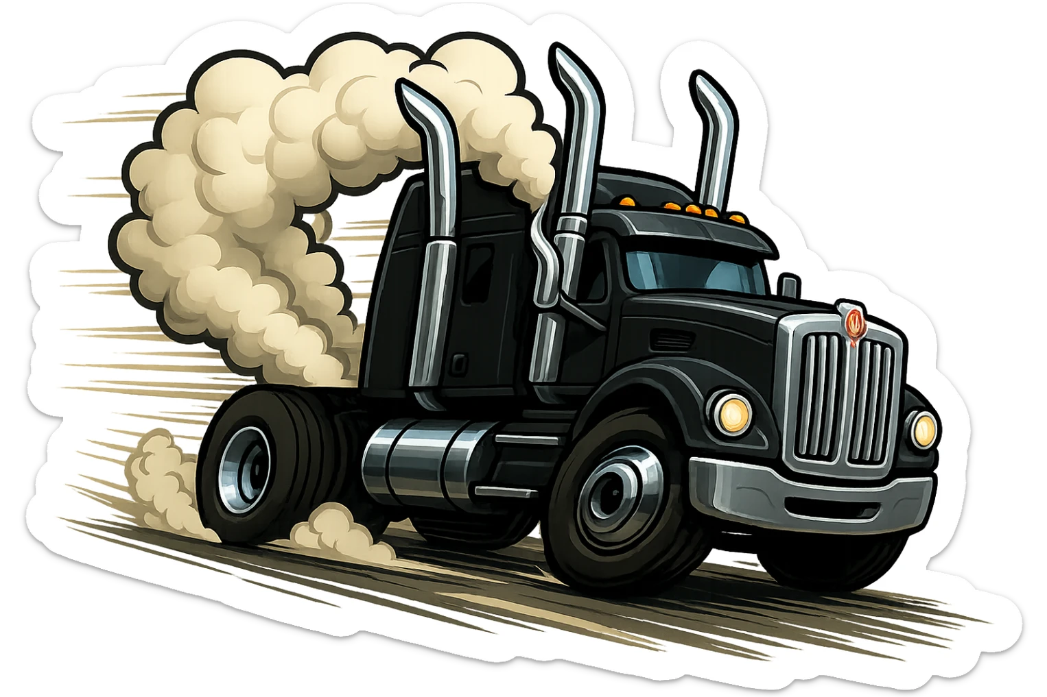 Animate the black Kenworth W680 cartoon truck with chrome stacks and thick smoke, showing it moving fast down the road with strong motion blur, speed lines, and a dynamic pose. Keep the fun cartoon style and transparent background. sticker