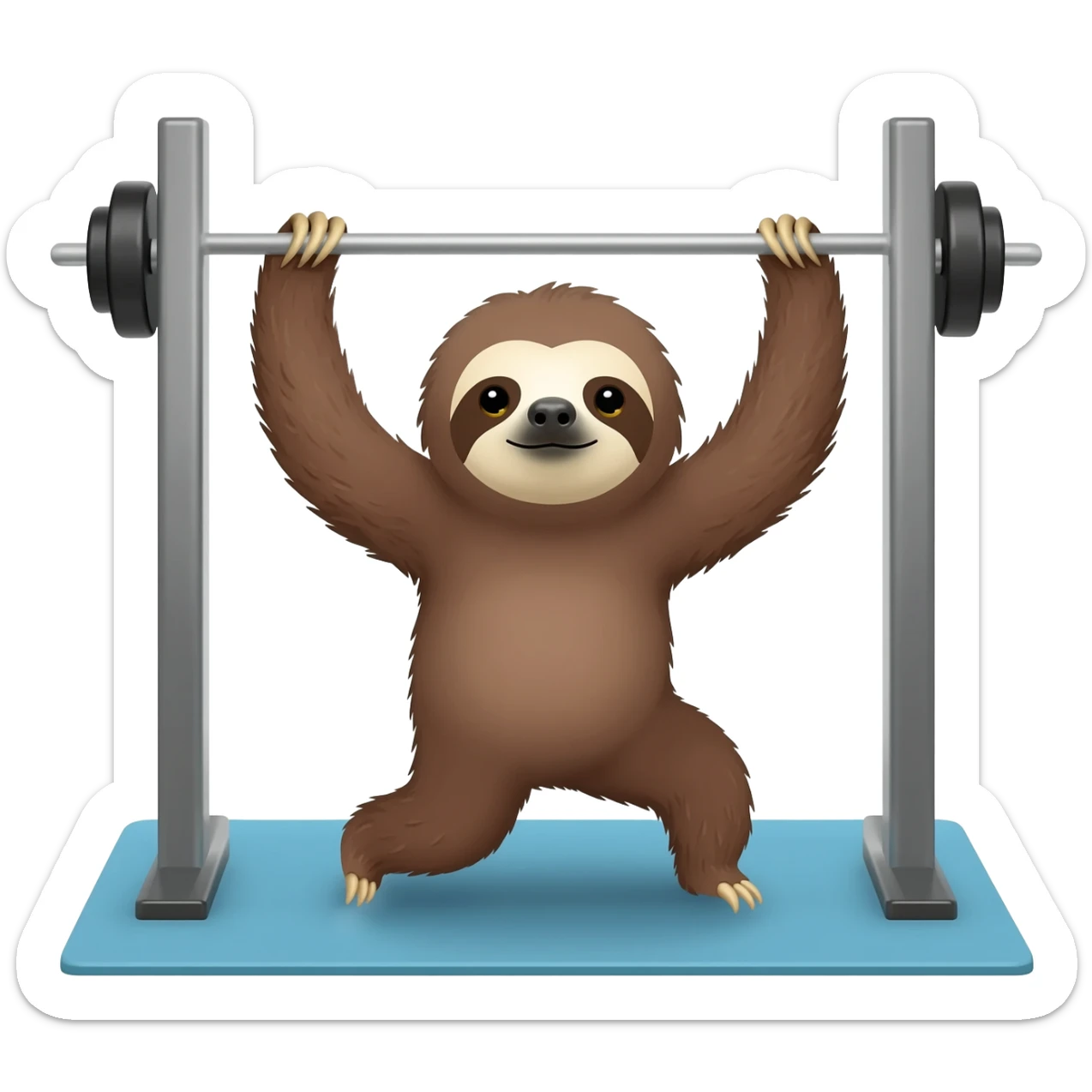 A cute sloth in iso emoji style going to a gym doing exercise sticker