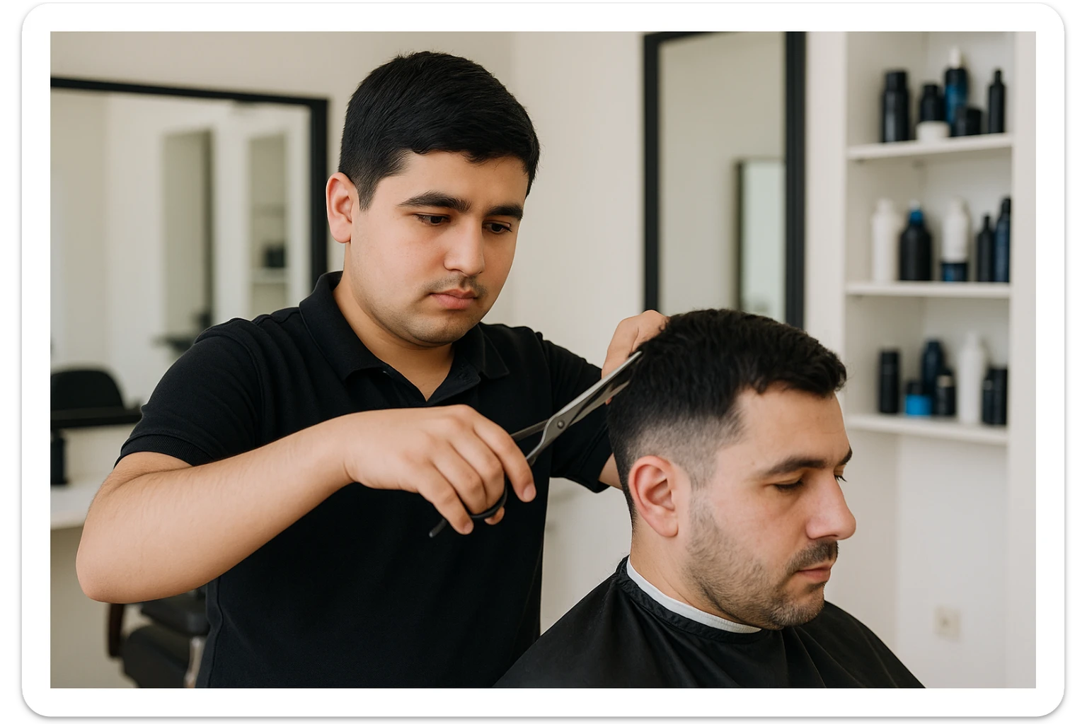 shu odamni sartaroshxonada mijozlarni sochini olayotganin  tasvirlab ber juda yosh ham katta ham bo'lmasin semiz ham bo'lib ketmasin o'smirin davrini sticker