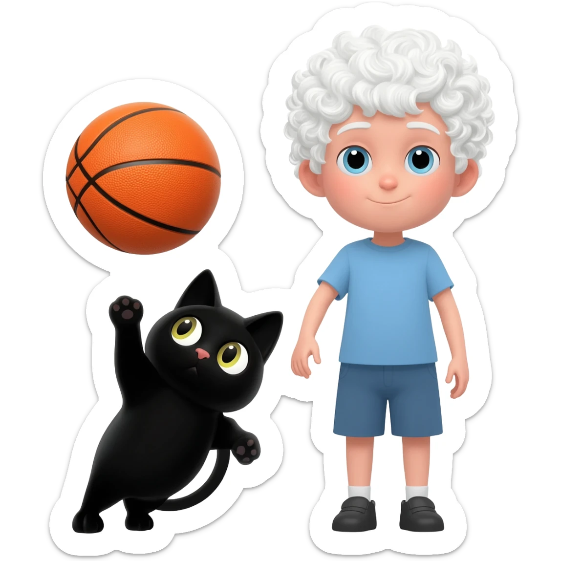 Black cat playing with orange basketball and a little white boy with curly hair sticker
