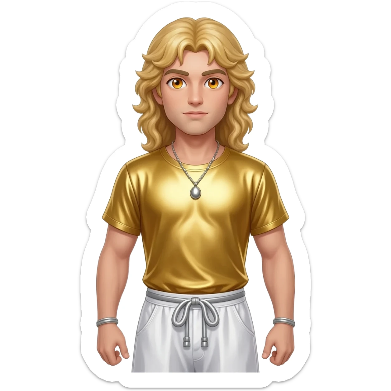 Apollo from Greek Mythology with amber eyes, long blonde hair, gold metallic shirt, white metallic baggy pants, silver necklace sticker