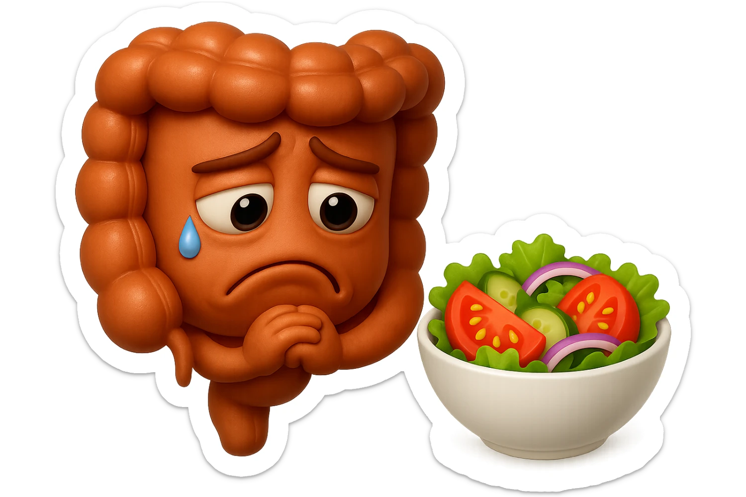 EMOJI STILE IPHONE DI UN INTESTINO UMANO ANATOMICO CHE GUARDA UN INSALATA CON ESPRESSIONE TRISTE E RASSEGNATA IN VOLTO: SOFFRE LA FAME PERCHé è A DIETA, FAGLI ANCHE LA PARTE BIANCA DEGLI OCCHI, NON SOLO LE PUPILLE, IPERREALISTICO 4K sticker