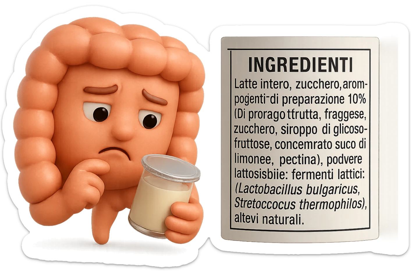 SU QUESTO STILE FAI UN EMOJI STILE IPHONE 3D DI UN INTESTINO CHE HA IN MANO UN BARATTOLO DI YOGURT CONFEZIONATO DA SUPERMERCATO E LEGGE L'ETICHETTA NUTRIZIONALE CON GLI INGREDIENTI IN ITALIANO, ACCANTO ALLO YOGURT CHE HA IN MANO C'è UN FOCUS SULL'ETICHETTA CON GLI INGREDIENTI SCRITTI, FAGLI UN ESPRESSIONE CONFUSA MENTRE LEGGE E FALLO MOLTO REALISTICO IN 3D sticker