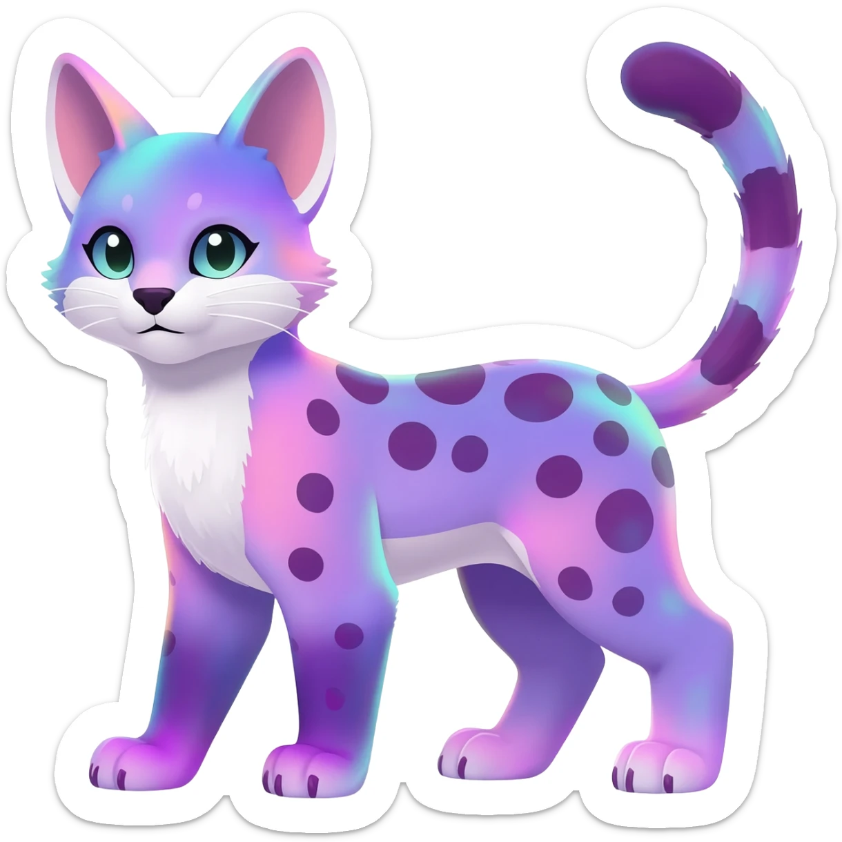 Colorful tropical pastel-lilac-lavender-violet iridescent pastel white glorious divine exotic cute cool beautiful shiny beautiful fantasy-caracal-civet-genet-sergal-vernid-Cacomistle-oncilla-animal-Fakémon-hybrid-fursona (full body) sticker