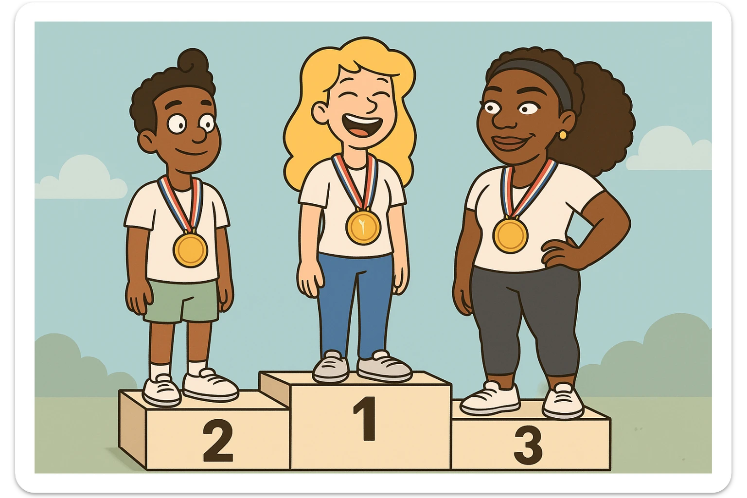 winners podium girl yellow hair Olympic Gold Medal a boy brown skin black Classic Curl hair Olympic Gold Medal Serena Williams Olympic Gold Medal  sticker