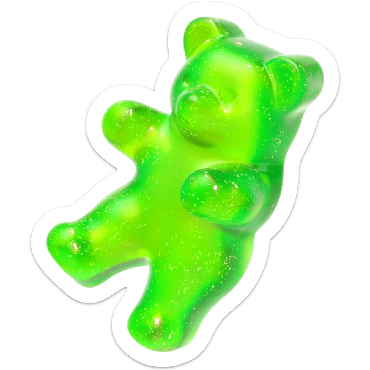 a hyper-realistic 3D rendering of a translucent, glistening neon green gummy bear mid-bounce, its plump body captured in dynamic motion as if frozen in time. The candy's surface refracts light like real gelatin, with sticky highlights gleaming along its curved edges and subtle sugar granules  sticker