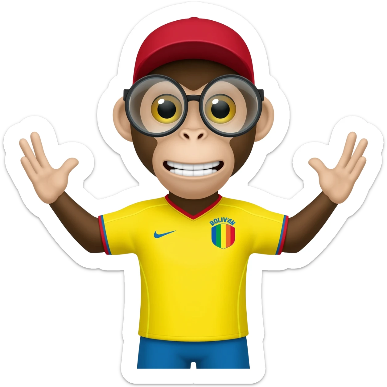 Un mono con gestos humanos con uniforme de la selección de futbol boliviano con lentes de aumento y gorra sticker