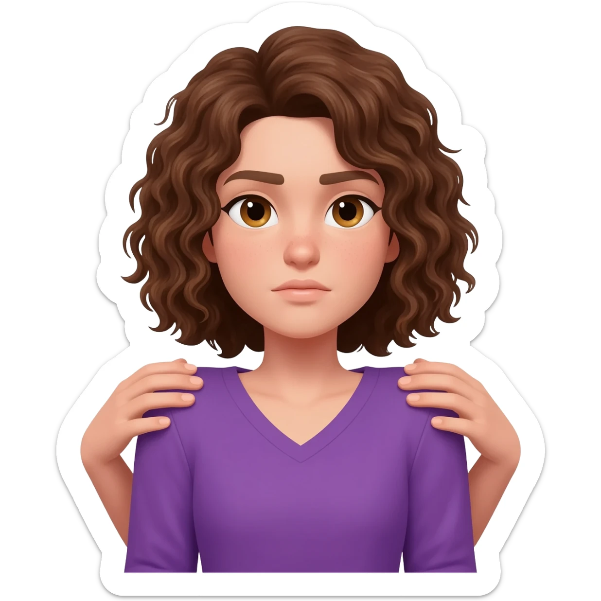brown curly shoulder length hair, hair touching shoulders, hazel eyes, pail skin, purple v-neck shirt, in a shrug position. sticker