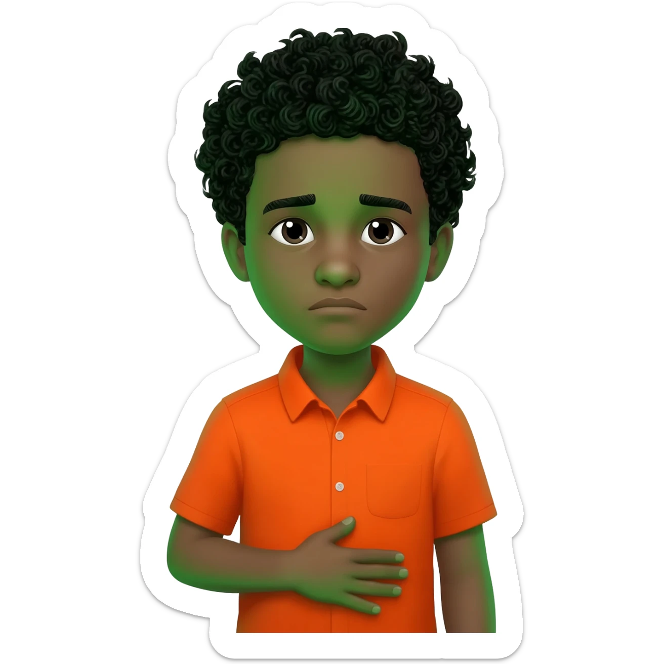 black boy curly hair orange shirt feel sick hand on stomach green face sticker