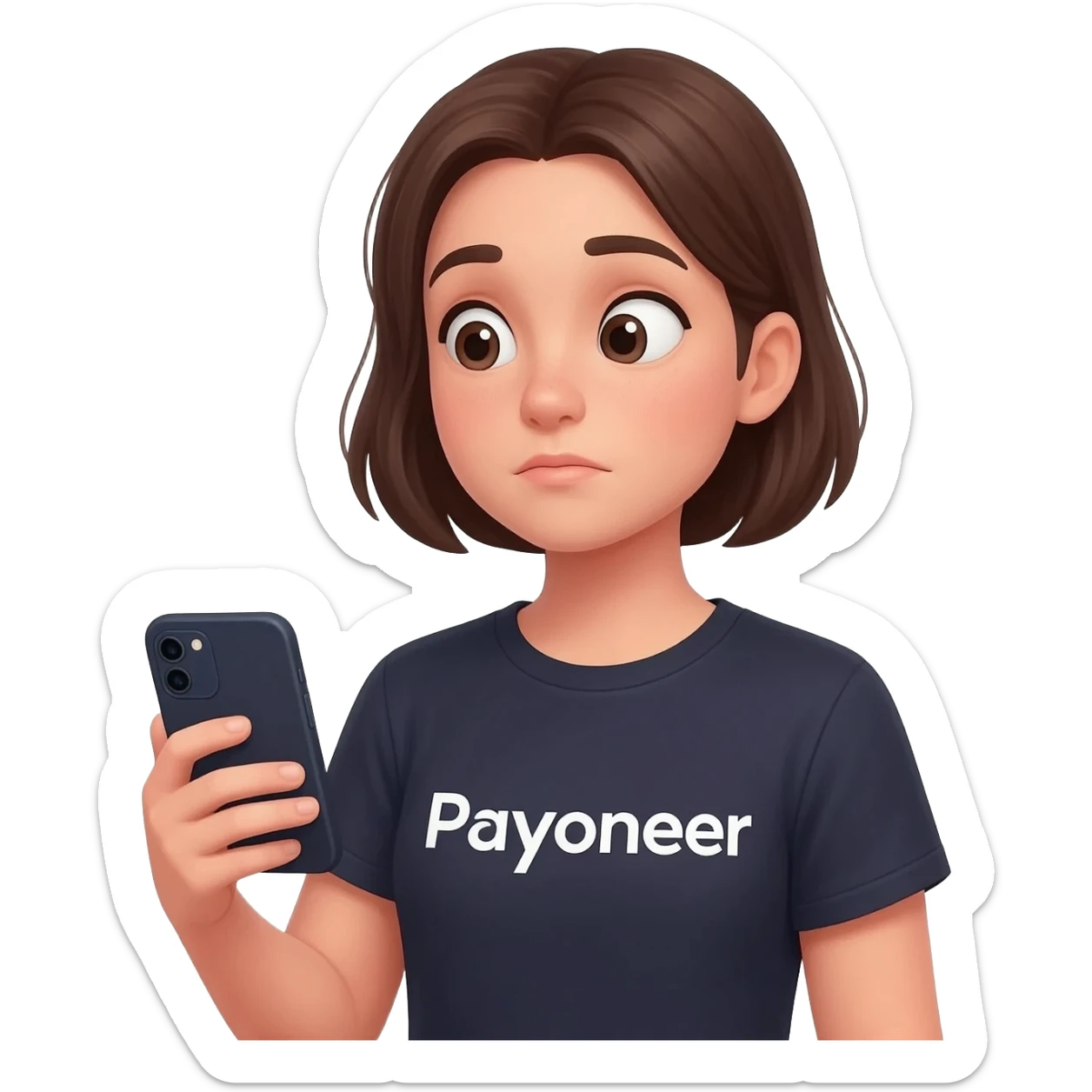Girl looking at her phone with wondering face and a question mark wearing dark tshirt with payoneer written on it not a logo, just a word in the same font as on logo sticker