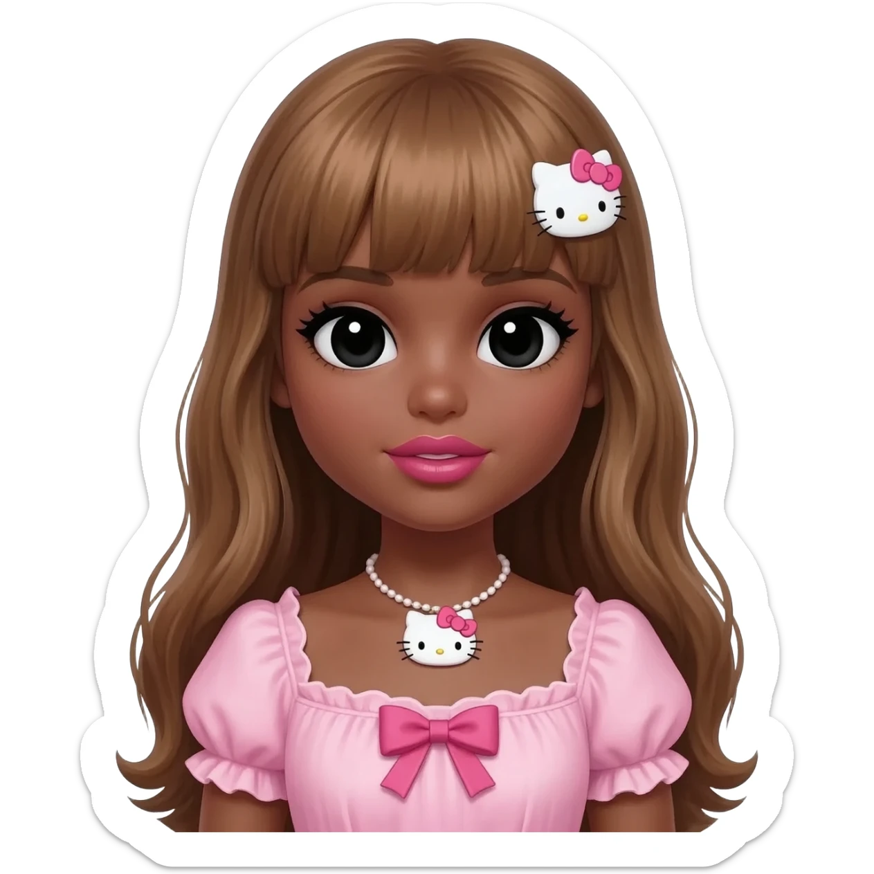 my melody hairclip, Doll faced shaped, hello kitty necklace, bimbo, black doll eyes, Big lips barbie, long dark brown skin with honey brown hair, bimbocore outfit sticker