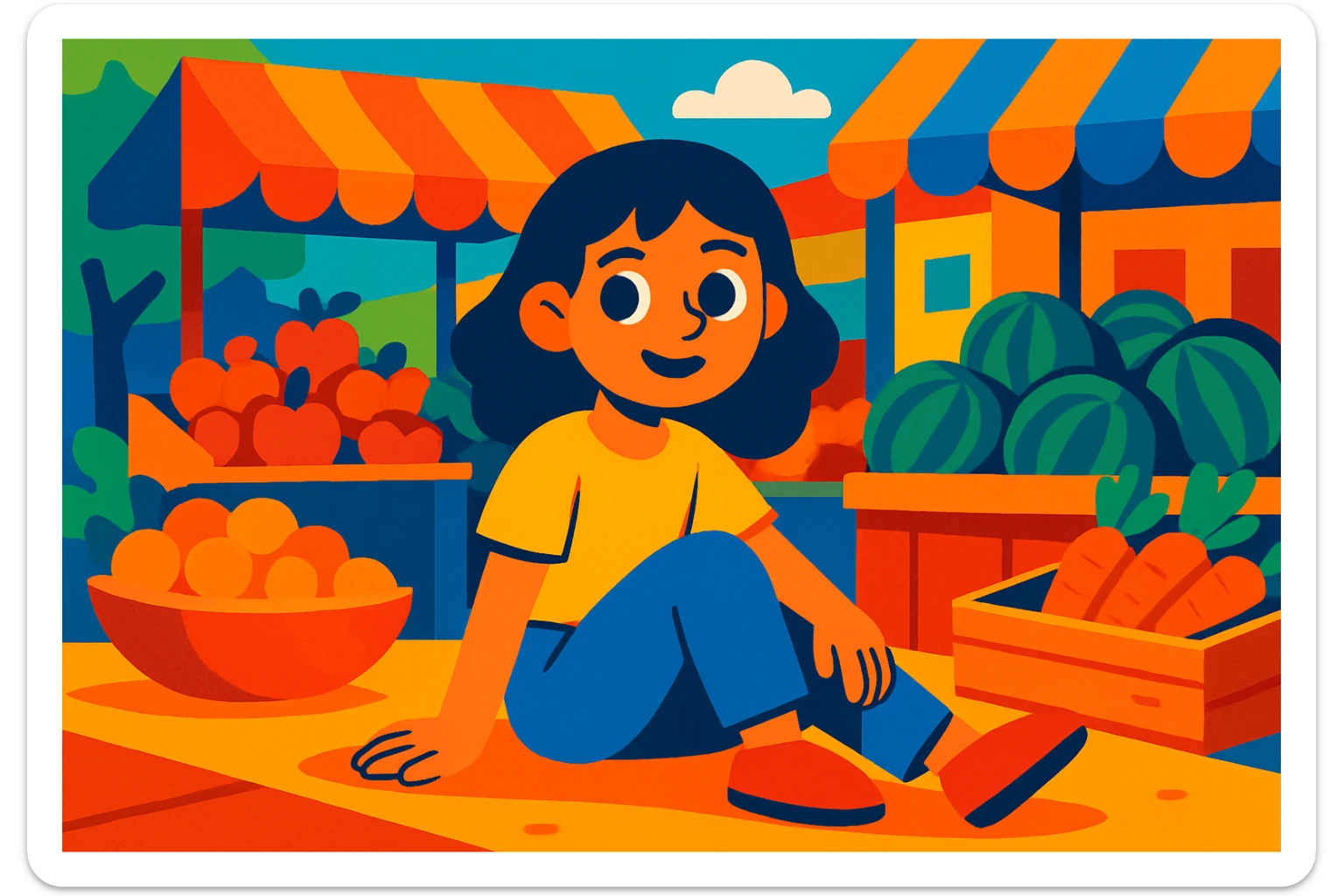 girl sitting on the marketplace, vibrant toon style sticker