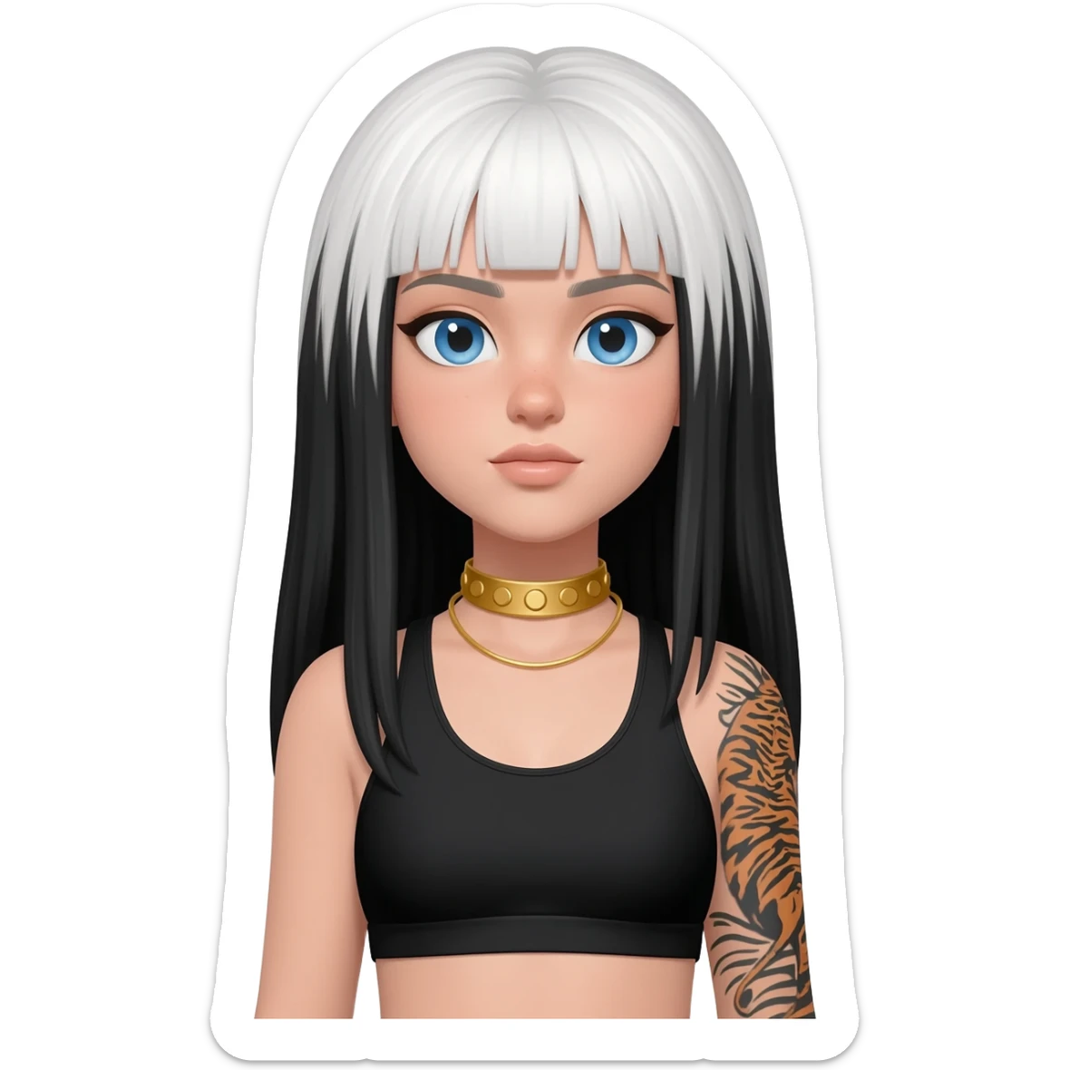 Emoji with blue eyes girl with long black and white hair wearing a gold choker neckless wearing black sports bra tiger tattoo on right arm sticker