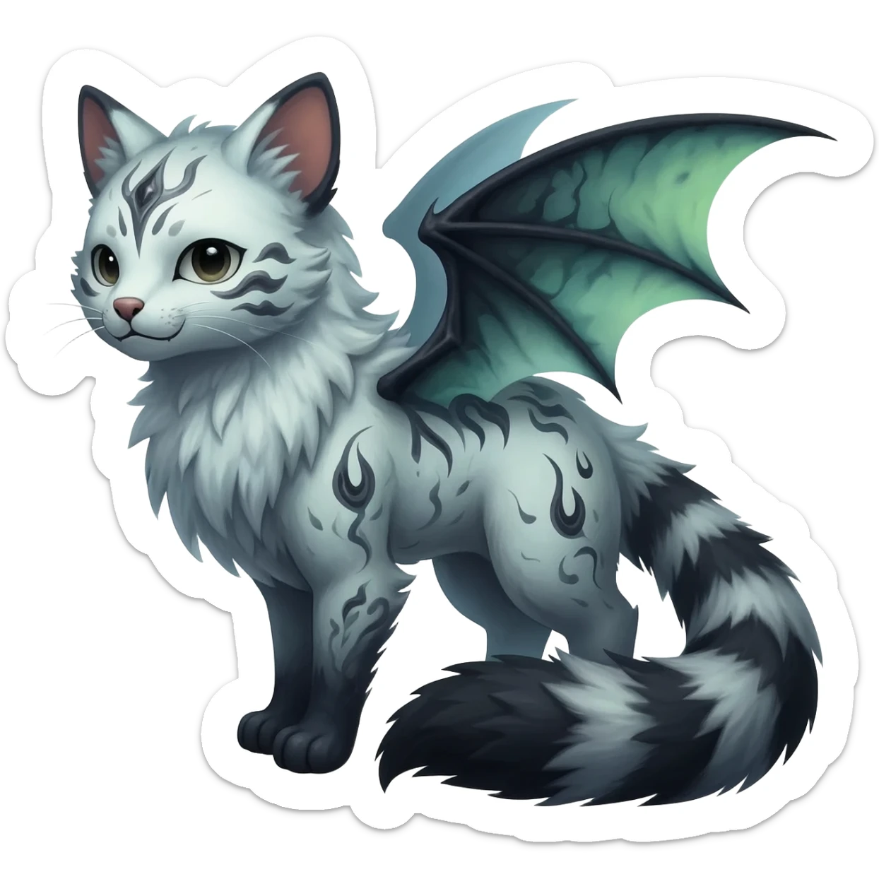 Kawaii cool cold dark cute gloomy ghoulish edgy fantasy ethereal feline-vernid-sergal-possum-monster-fursona animal creature full body with intricate markings  sticker