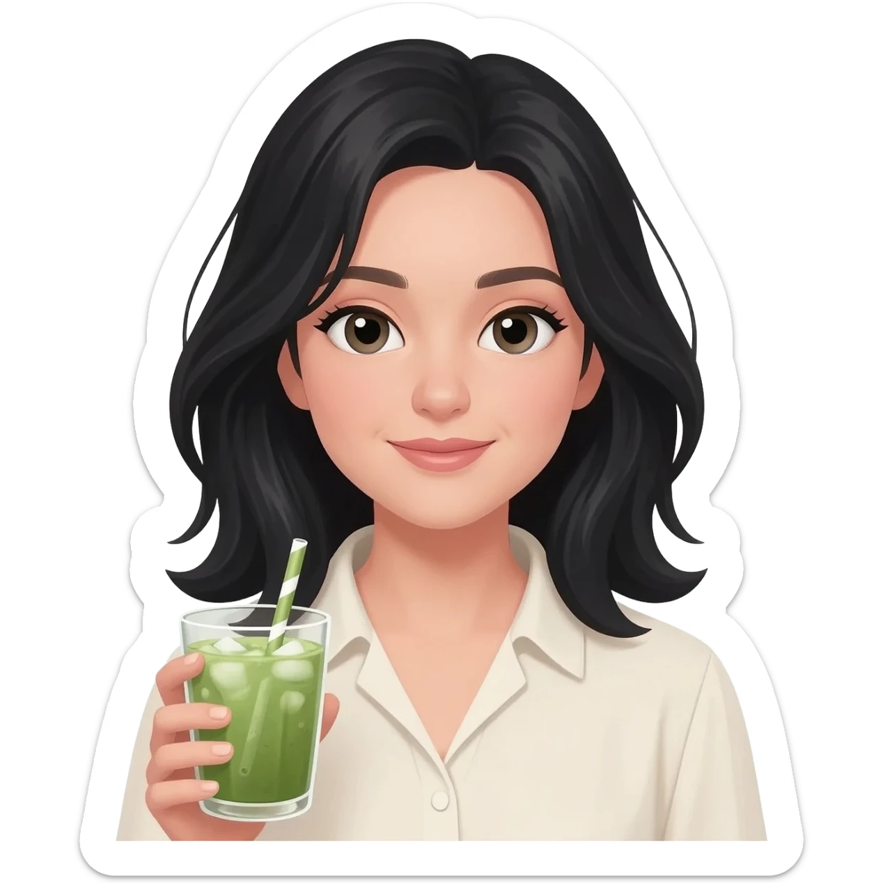 white girl in black layered hair with iced matcha sticker
