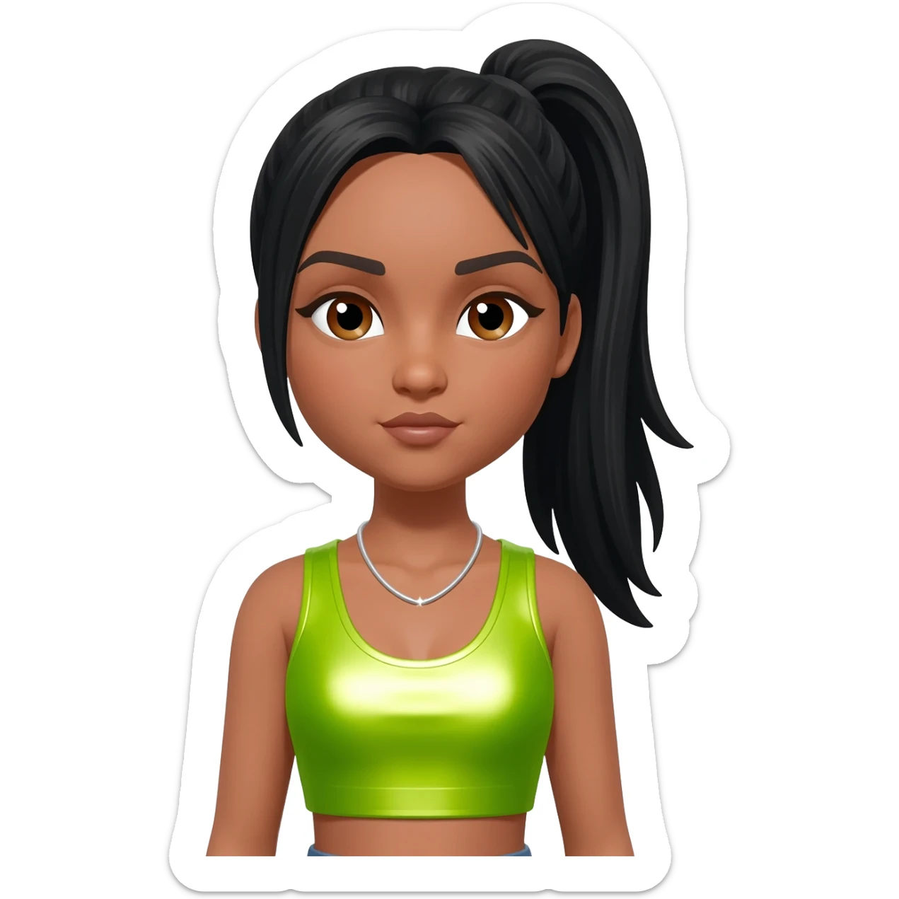 Left Eye from TLC with brown eyes, black ponytail hair, lime green metallic crop top, silver necklace sticker